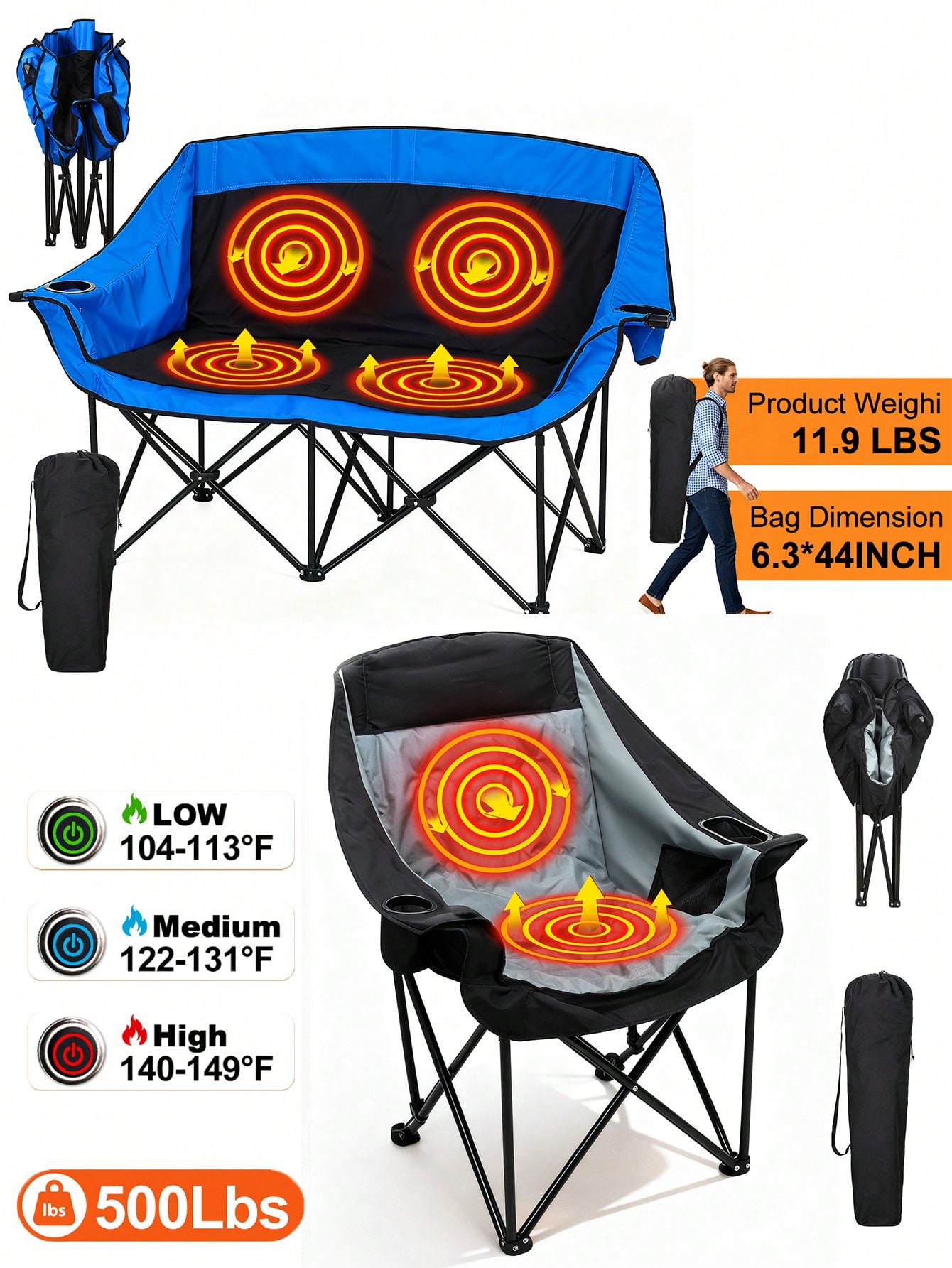 Outdoor Oversized Camping Chair - ヒーター付きダブルキャンプチェア、ヒーター付き折りたたみキャンプチェア、ラブシート、アウトドアスポーツ用ヒーター付き大型ラブシートチェア、大人用2人用キャンプチェア、アウトドアビーチ用、耐荷重500ポンド