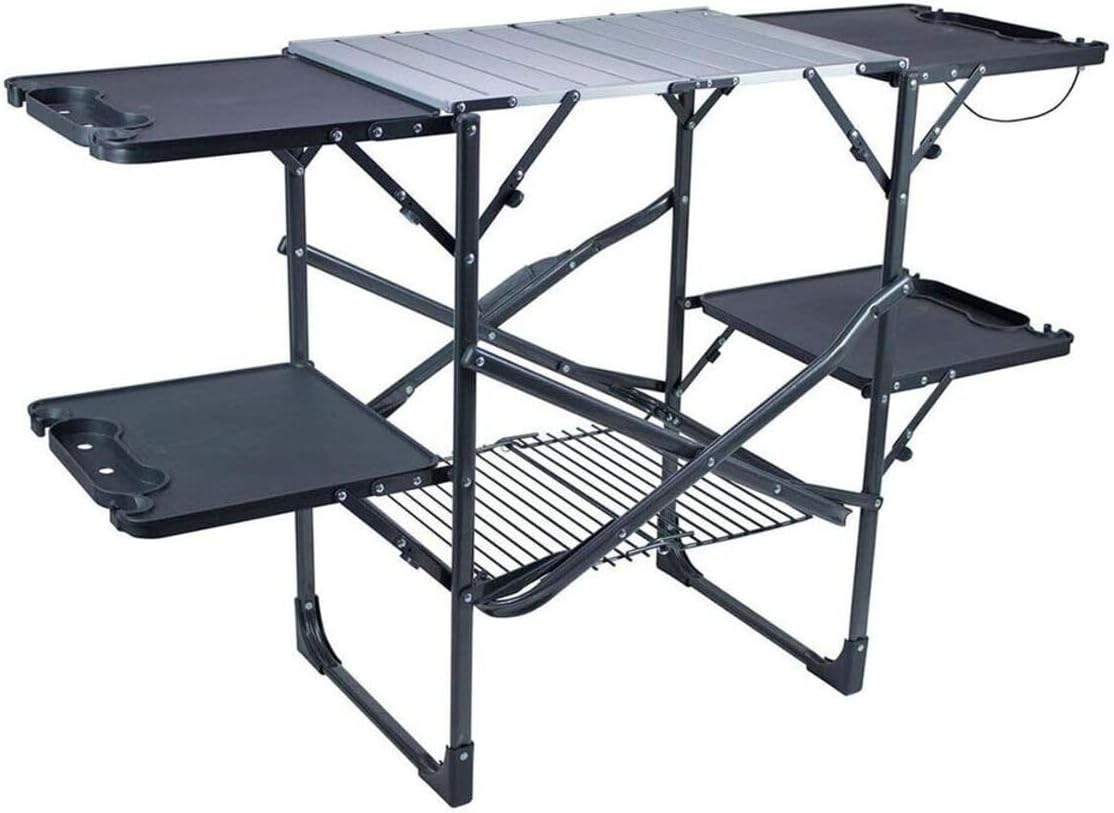 Outdoor Camping Cooking Table - スリム折りたたみ式ポータブルキャンプキッチンテーブル、耐熱トップサイドシェルフ、収納ラック、ペーパータオルホルダー、ピクニックや屋外調理用クックステーション（ブラック）