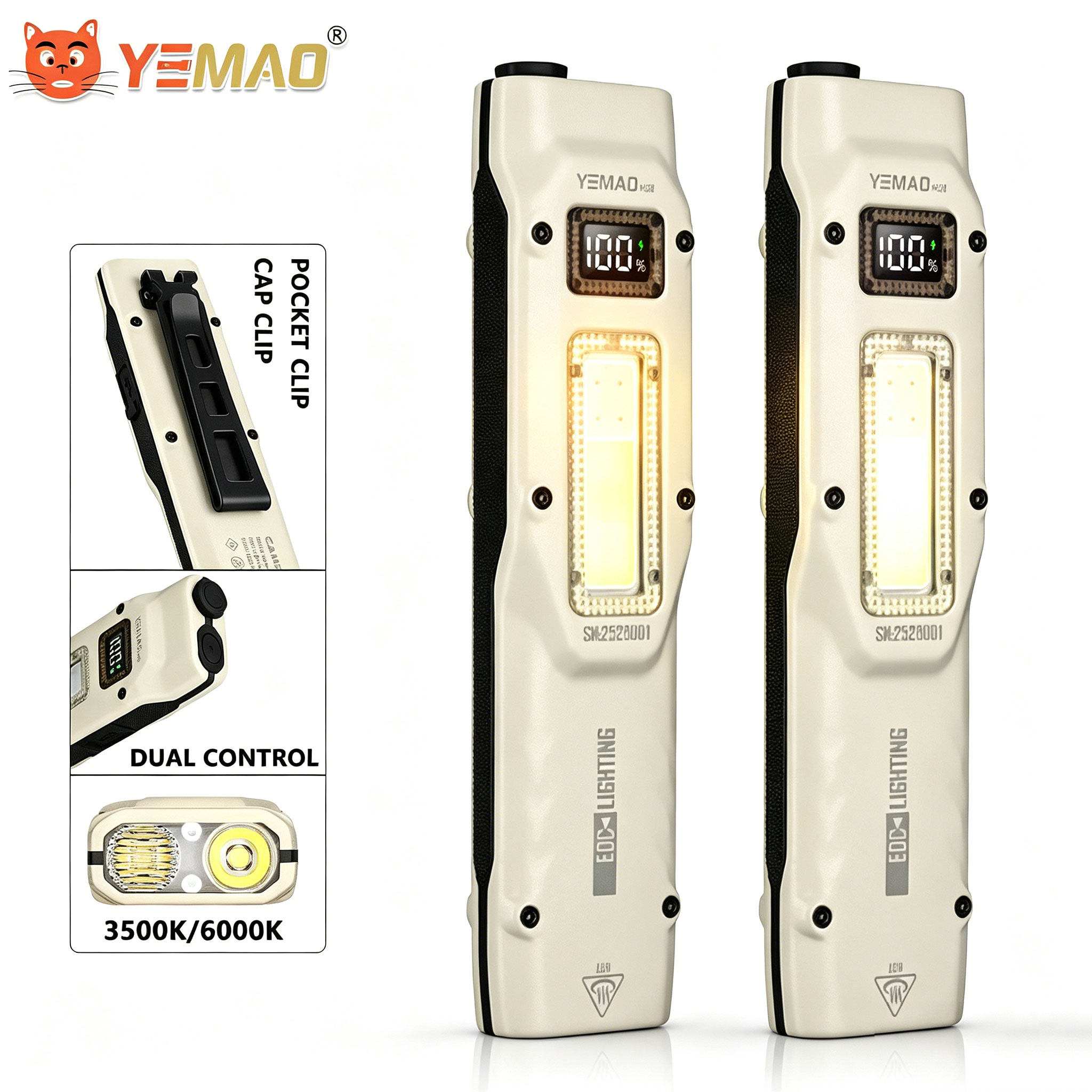 Outdoor Camping Light Portable - ポータブル880LM YEMAO M28超薄型タクティカルワークライト、双方向クランプ付き、1000mAhデュアルコアXPLウィック、デジタルディスプレイ、IPX4防水