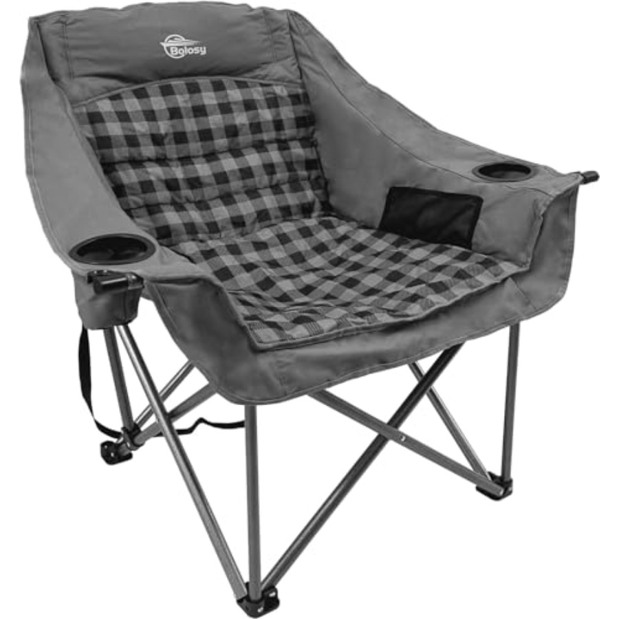 Outdoor Oversized Camping Chair - 大人用特大キャンプチェア：頑丈なグレーチェック柄パッド入りポータブル屋外折りたたみ椅子、カップホルダー付き、耐荷重500ポンド