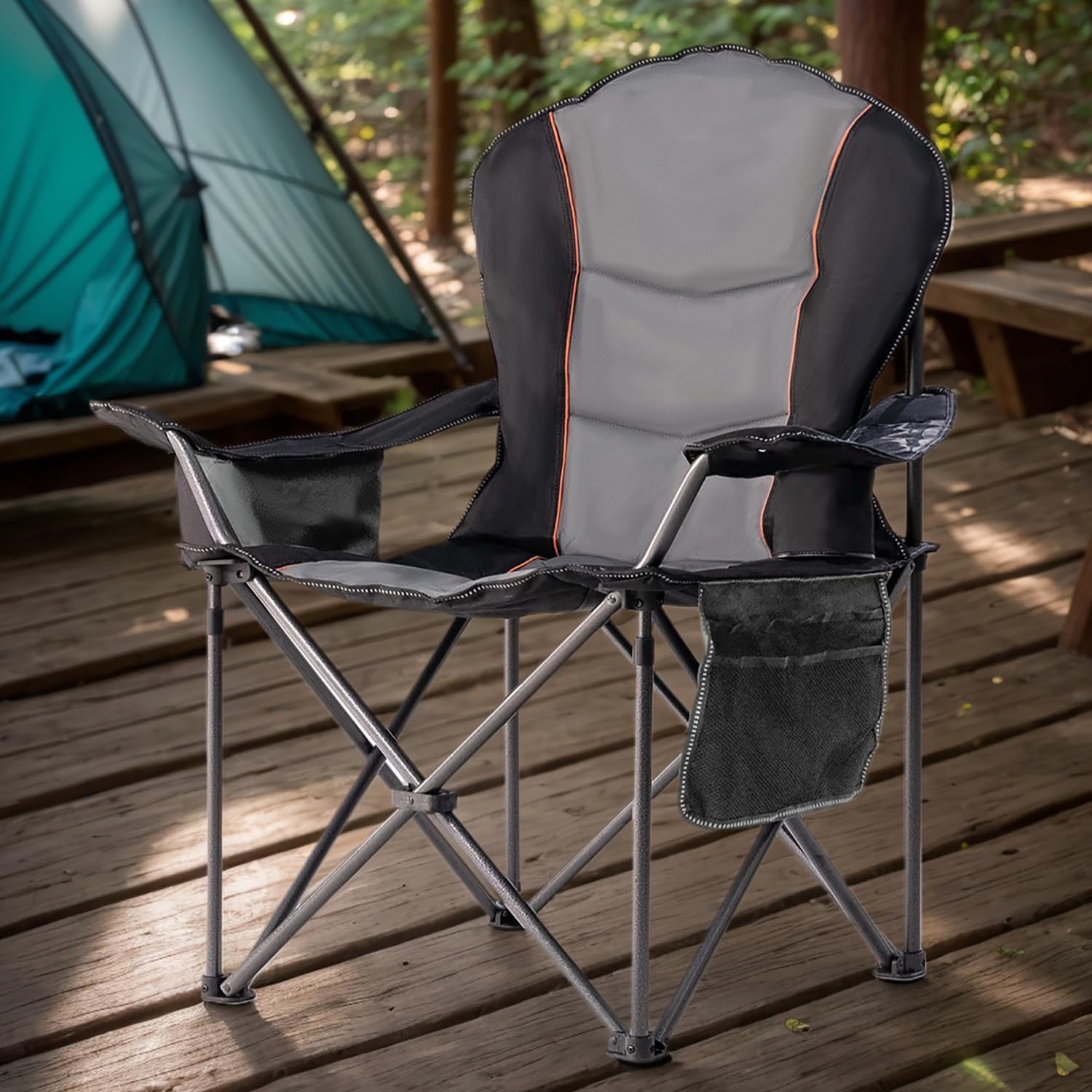 Outdoor Oversized Camping Chair - 特大折りたたみキャンプチェア、サイドテーブル付き、耐荷重500ポンドの頑丈なアウトドアチェア、クーラーバッグ付き、ブラック