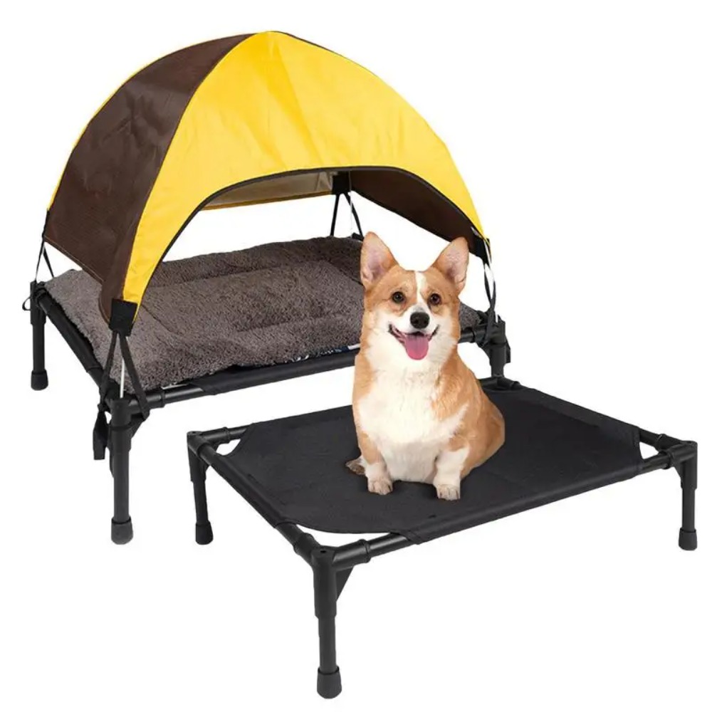 Outdoor Camping Dog Bed - 屋外用高床式犬用ベッド、折りたたみ式高床ペットベッド（取り外し可能なキャノピー付き）、通気性のあるキャンプにも適した犬用ベッド