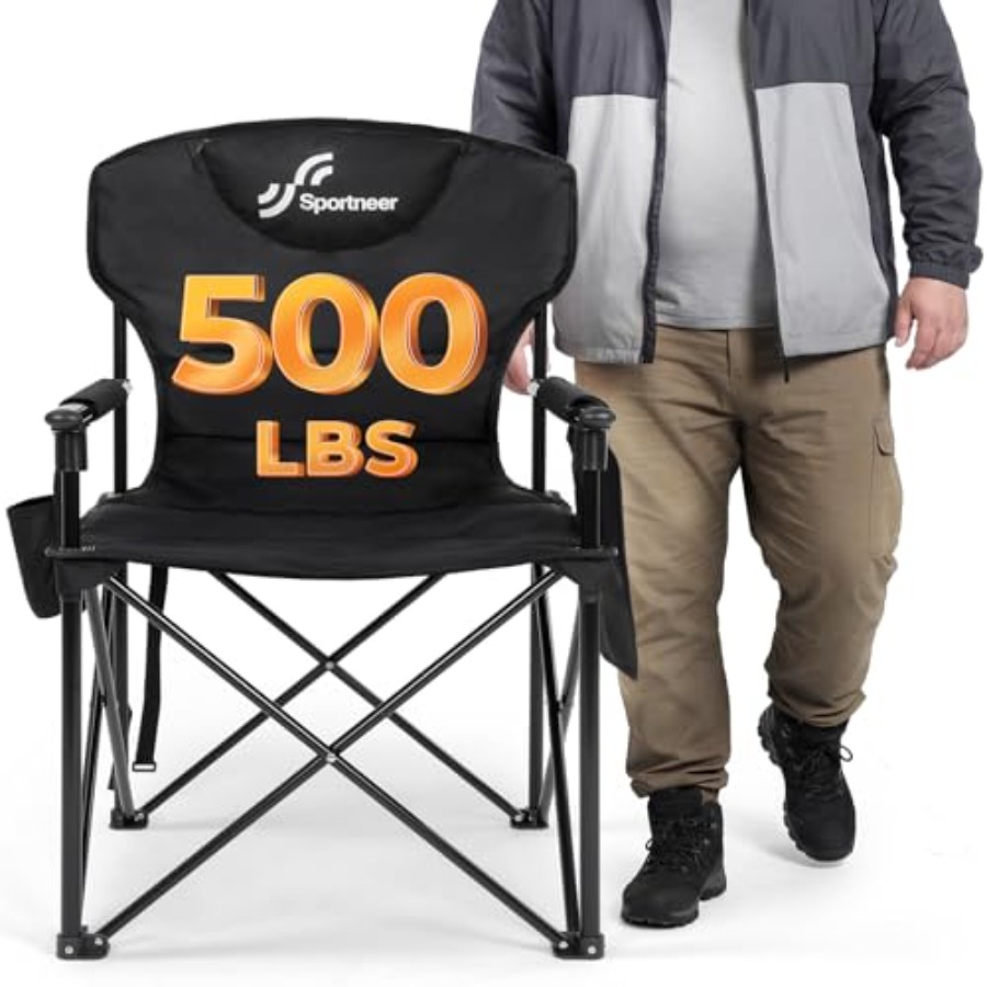 Outdoor Oversized Camping Chair - アウトドアキャンプチェア：頑丈なスチールフレーム、黒色の生地、耐荷重500ポンド、特大パッド入りシート、強化された肘掛け