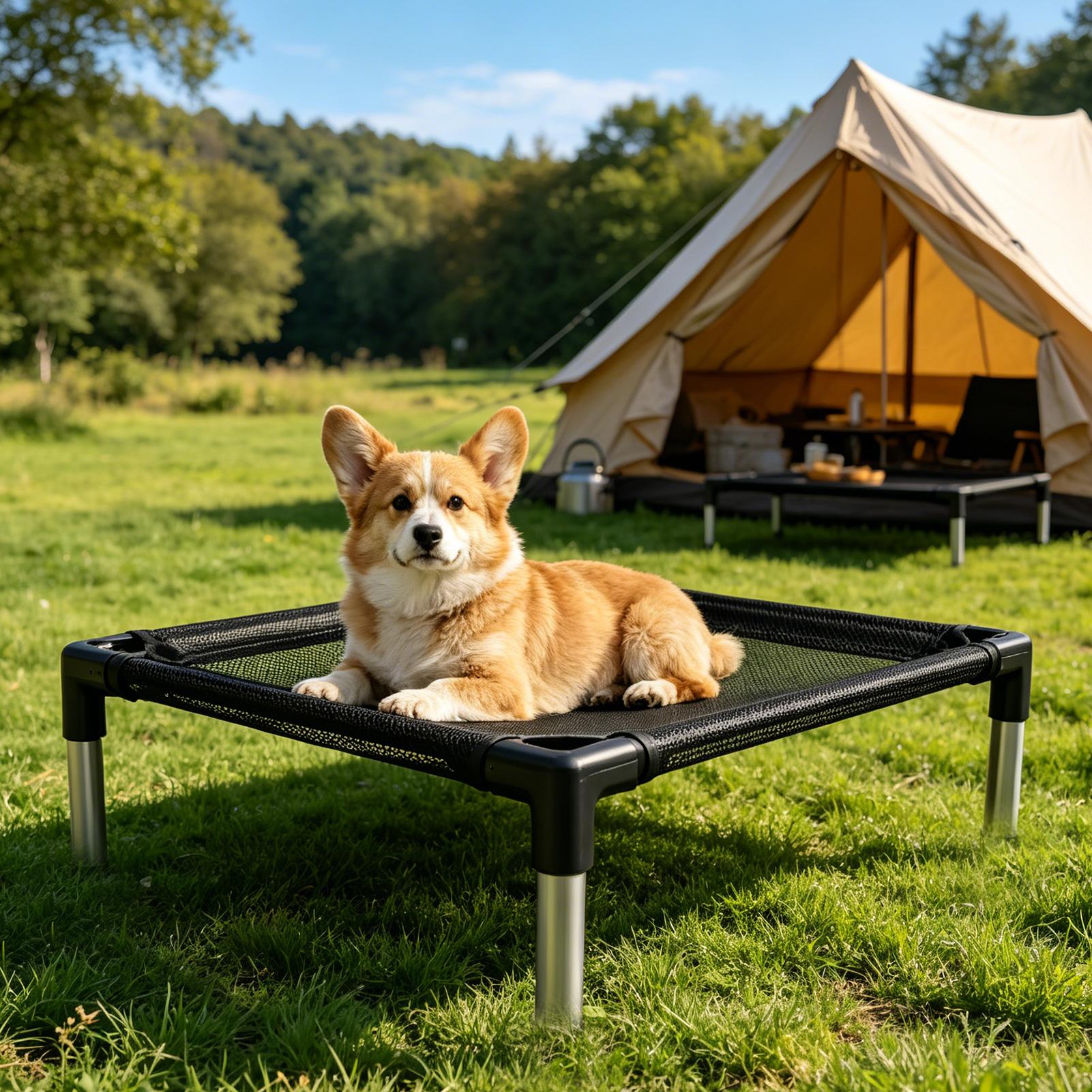 Outdoor Camping Dog Bed - 高床式犬用ベッド 通気性メッシュ 洗濯可能 ポータブルコット 頑丈な屋外用犬用ベッド キャンプ、旅行、車、パティオ、庭に最適