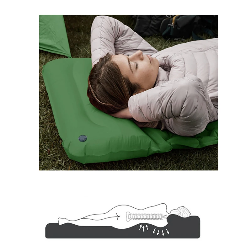 空気を入れて膨らませるタイプのキャンプマット。枕付きで、屋外 - Outdoor Camping Mattress のレビューと価格