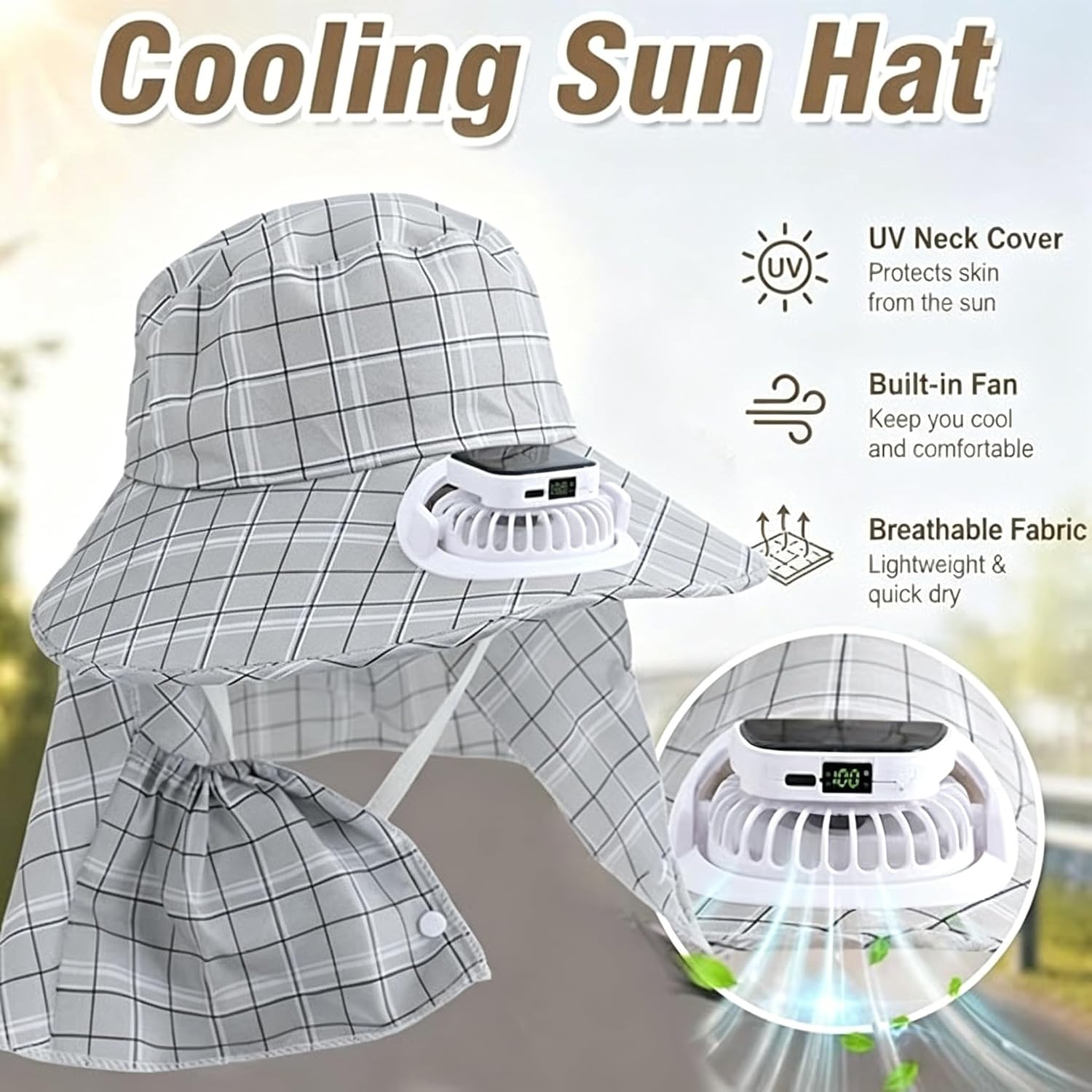 1PC ソーラーパワーネックガードファンハット USB 充電 - Outdoor Camping Fan のレビューと価格