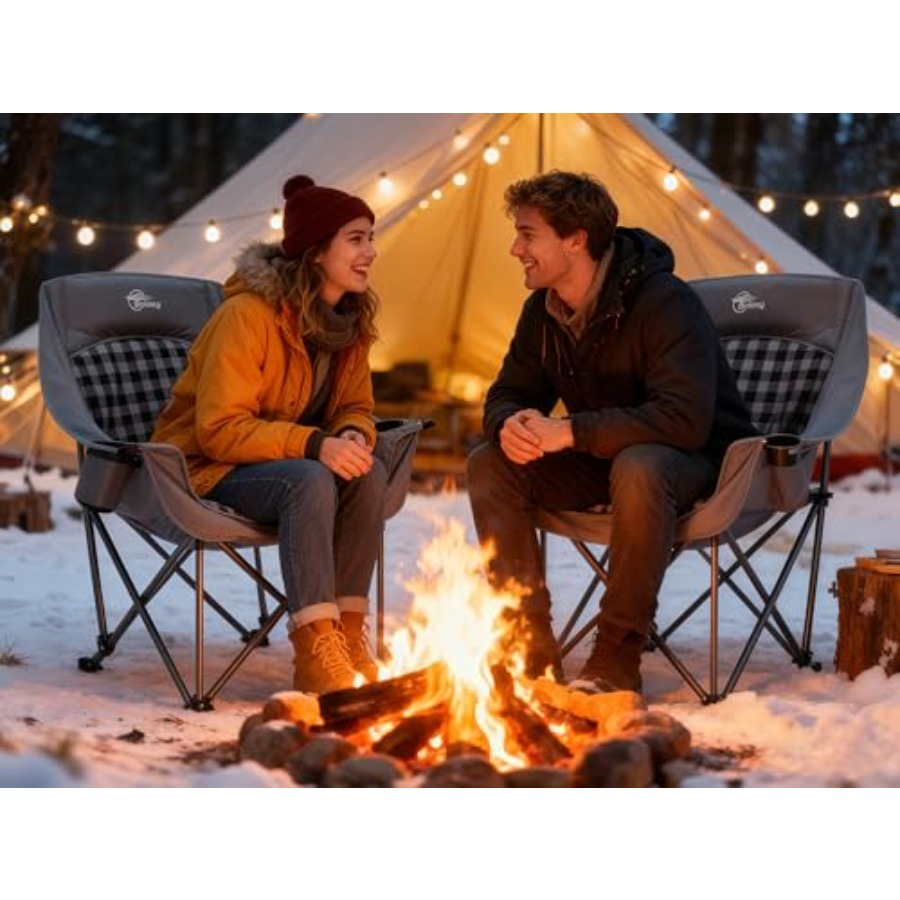 大人用特大キャンプチェア：頑丈なグレーチェック柄パッド入りポ - Outdoor Oversized Camping Chair のレビューと価格