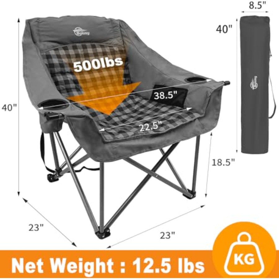 大人用特大キャンプチェア：頑丈なグレーチェック柄パッド入りポ - Outdoor Oversized Camping Chair のレビューと価格